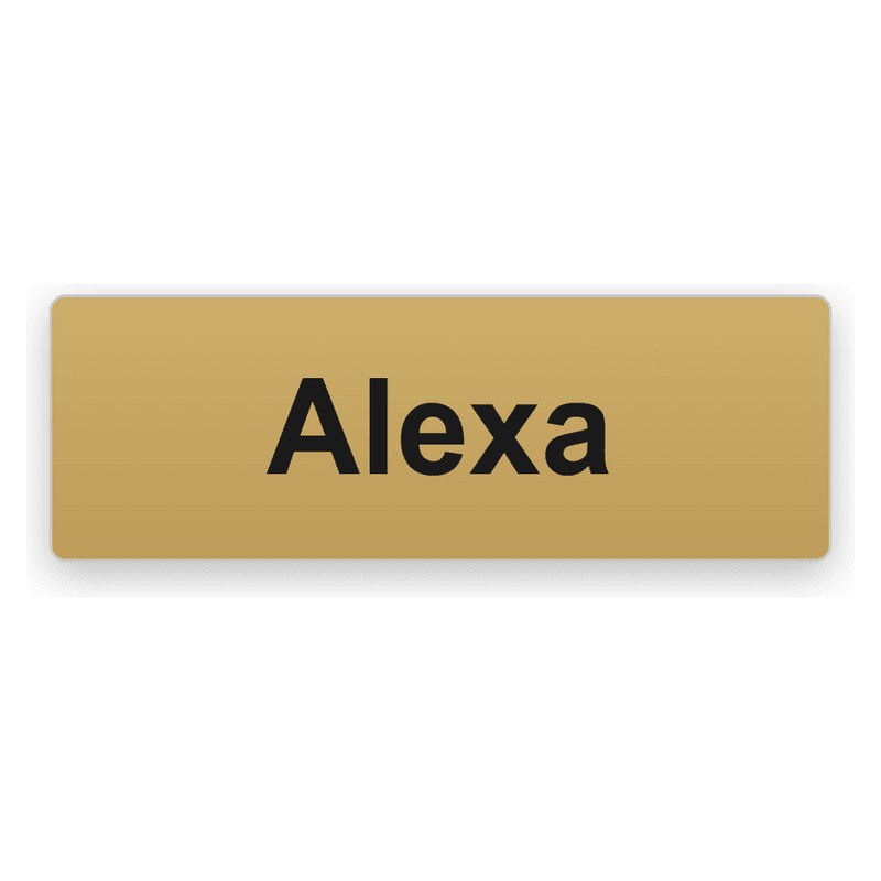 Längliches goldfarben gebürstetes Schild mit schwarzer Gravur Alexa