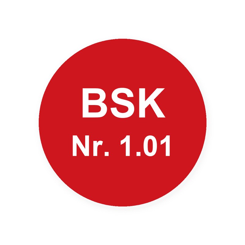 Runde BSK-Ronde, roter Grund mit weißer Gravur, zwei Zeilen mit BSK und der Klappennummer Nr. 1.01