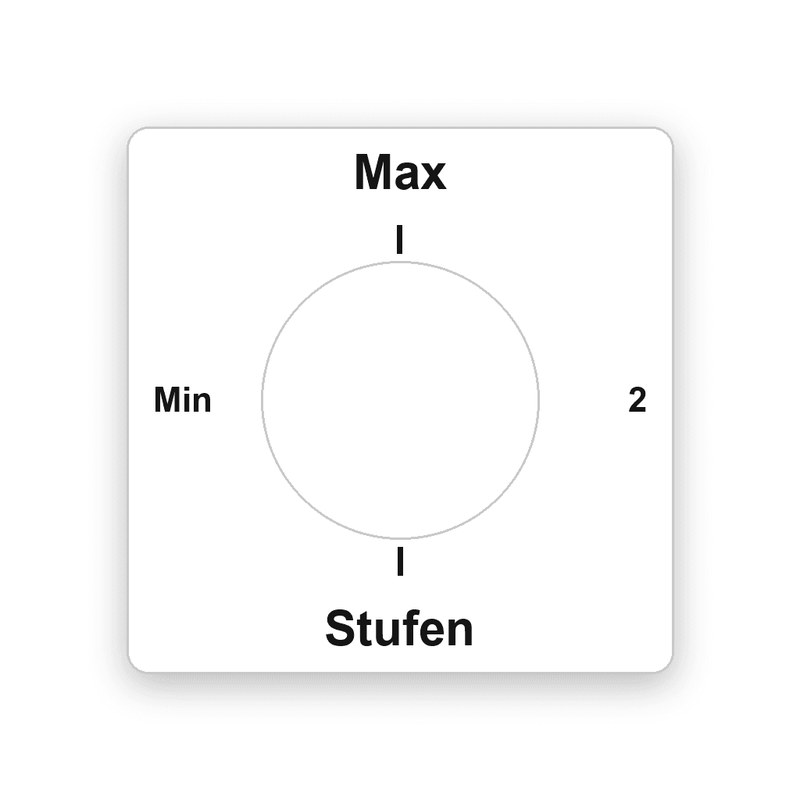 Weißes Quadrat mit rundem Mittelausschnitt, schwarze Gravur ringsum mit Max oben, Min links, 2 rechts und Stufen unten, jede Stellung mit einem Strich
