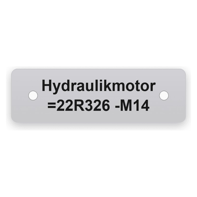Rechteckiges silbernes Schild mit zwei Bohrungen, schwarze Gravur in zwei Zeilen mit Hydraulikmotor und =22R326 -M14