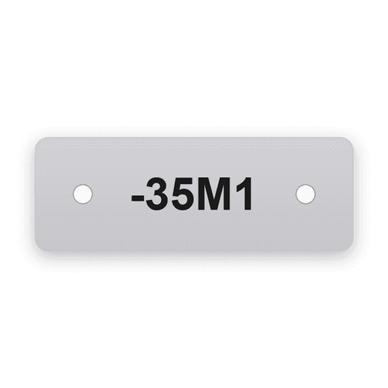 Rechteckiges silbernes Geräteschild mit abgerundeten Ecken und zwei Bohrungen, schwarze Gravur -35M1