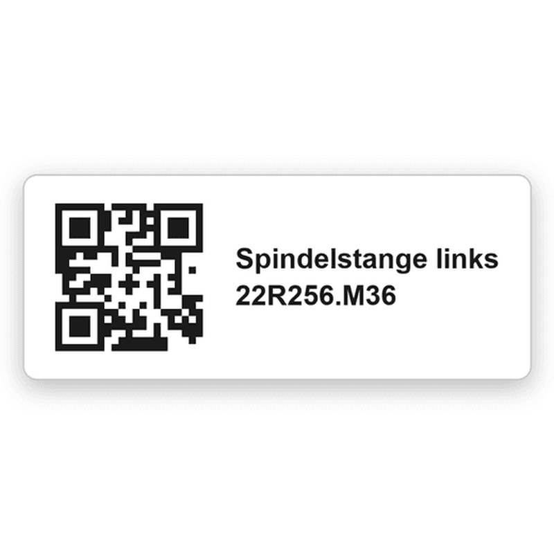 Rechteckiges weißes Maschinenschild mit einem gravierten QR-Code links und schwarzer Gravur rechts daneben, zwei Zeilen mit Spindelstange links und 22R256.M36