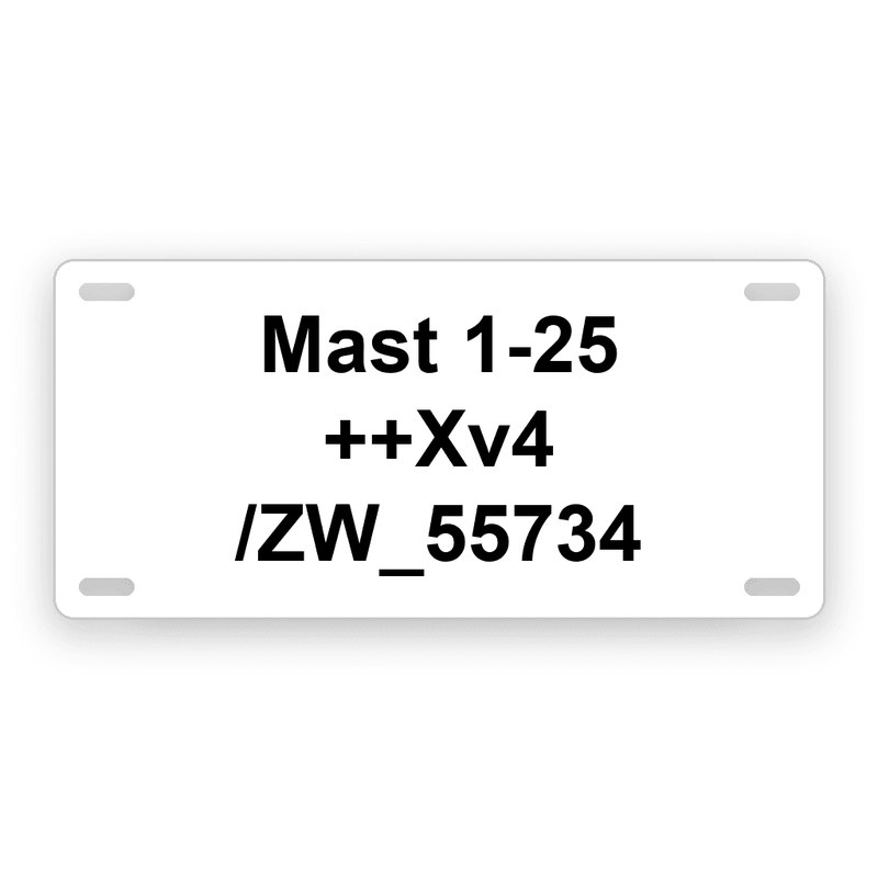 Rechteckiges Kabelschild, weißer Grund mit schwarzer Gravur, drei Zeilen mit Mast 1-25, ++Xv4 und /ZW_55734