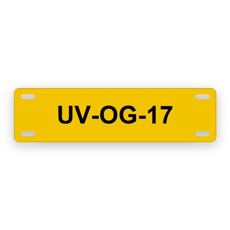 Rechteckiges Kabelschild, gelber Grund mit schwarzer Gravur UV-OG-17, vier Langlöcher an den Ecken