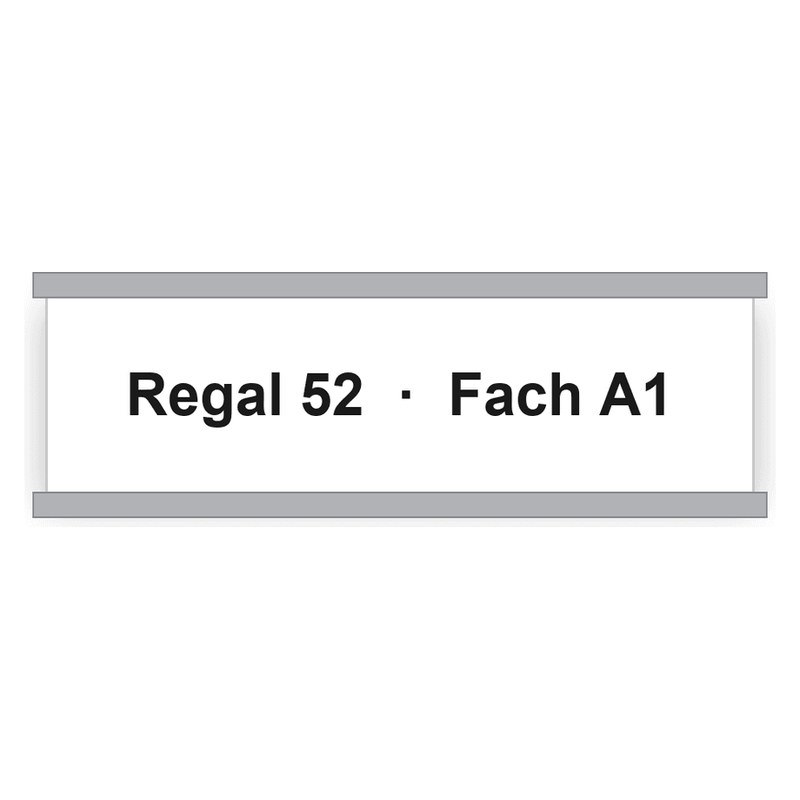 Schmaler weißer Streifen mit schwarzer Gravur Regal 52 Fach A1, eingeschoben in ein graues C-Profil