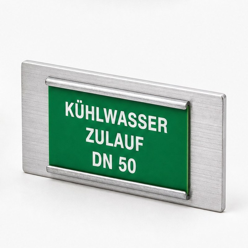 Flacher Rahmen aus gebürstetem Metall zum Einschieben des Schildes von der Seite, darin ein grünes Schild mit der Gravur Kühlwasser Zulauf DN 50