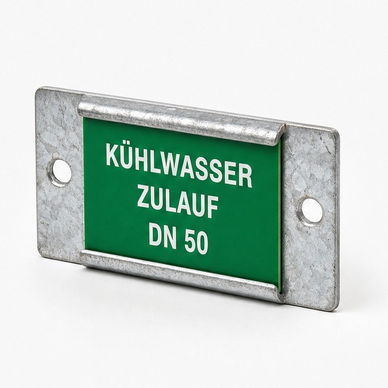 Rahmen aus verzinktem Stahl mit zwei Bohrungen an den Seiten, darin ein grünes Schild mit der Gravur Kühlwasser Zulauf DN 50