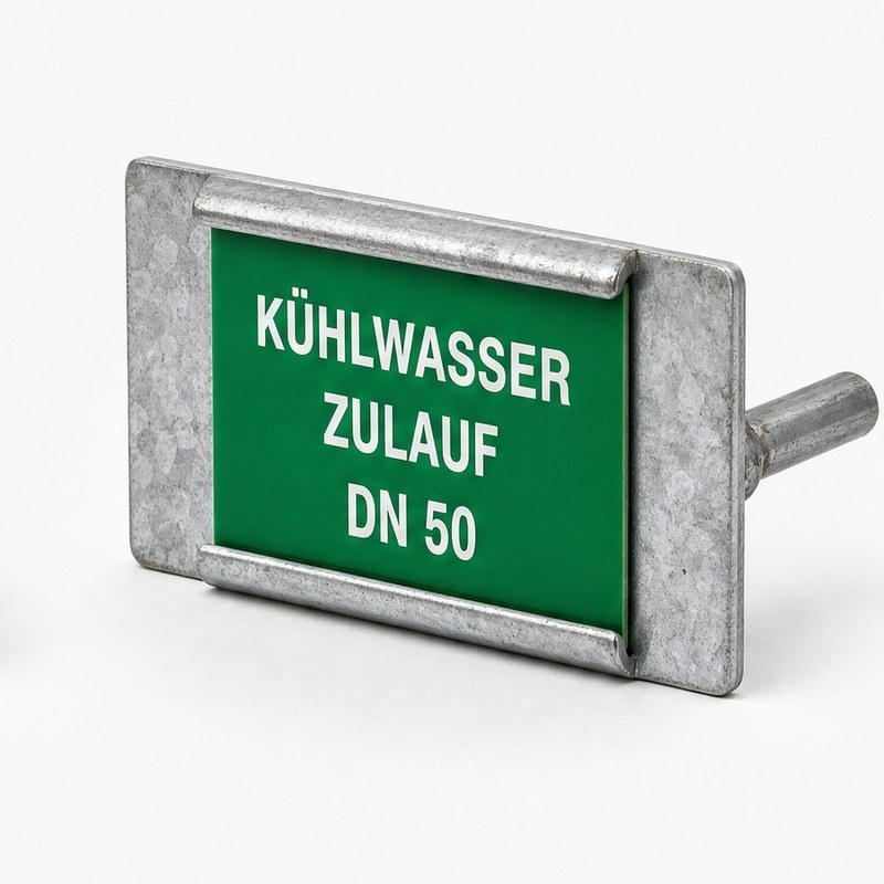 Rahmen aus verzinktem Stahl mit einem Stift zum Anschweißen auf der Rückseite, darin ein grünes Schild mit der Gravur Kühlwasser Zulauf DN 50