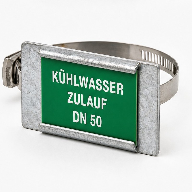 Rahmen aus verzinktem Stahl mit einem Spannband aus Metall zum Umlegen um runde Rohre, darin ein grünes Schild mit der Gravur Kühlwasser Zulauf DN 50