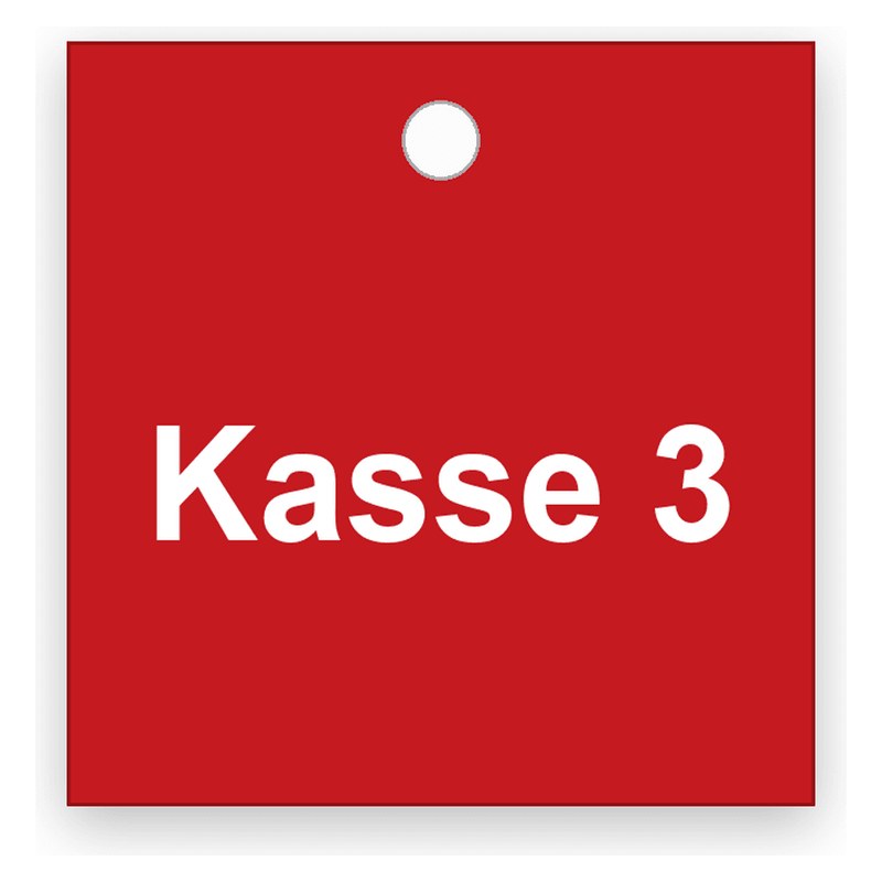 Quadratischer roter Schlüsselanhänger mit einer Bohrung oben, weiße Gravur Kasse 3