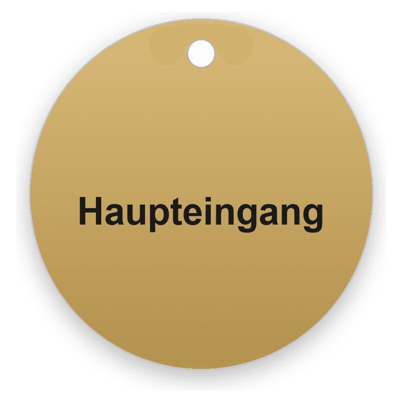 Runde goldfarben gebürstete Schlüsselmarke mit einer Bohrung oben, schwarze Gravur Haupteingang