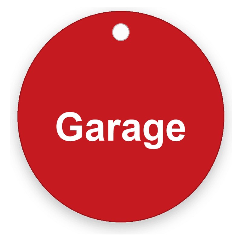 Runde rote Schlüsselmarke mit einer Bohrung oben, weiße Gravur Garage