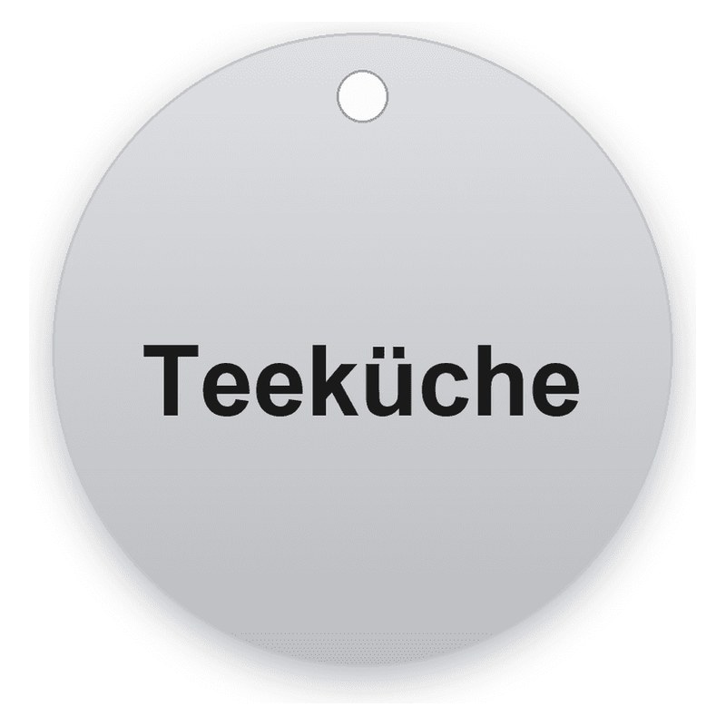 Runde silbern gebürstete Schlüsselmarke mit einer Bohrung oben, schwarze Gravur Teeküche