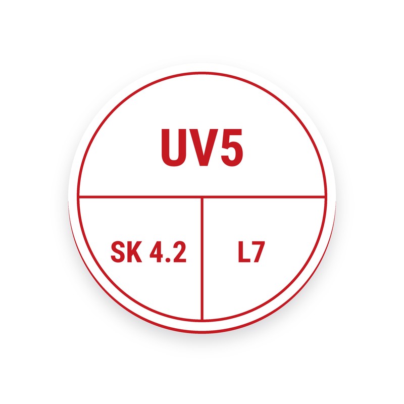 Rundes Stromkreisschild, weiß mit roter Gravur, oben UV5, darunter zwei Felder mit SK 4.2 und L7