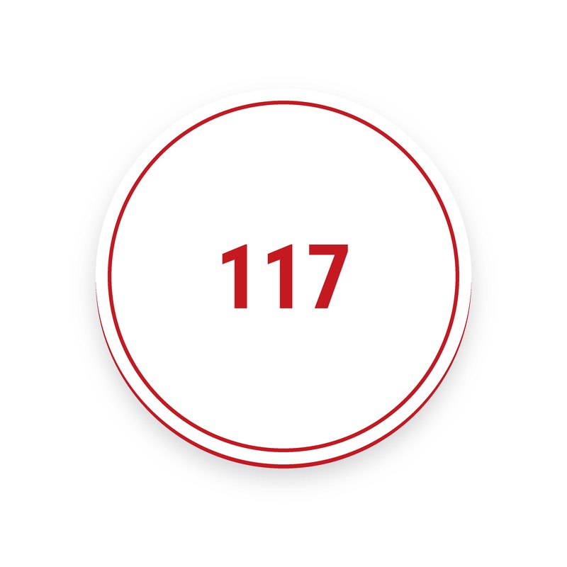 Rundes Stromkreisschild, weiß mit roter Gravur, eine einzelne Nummer 117