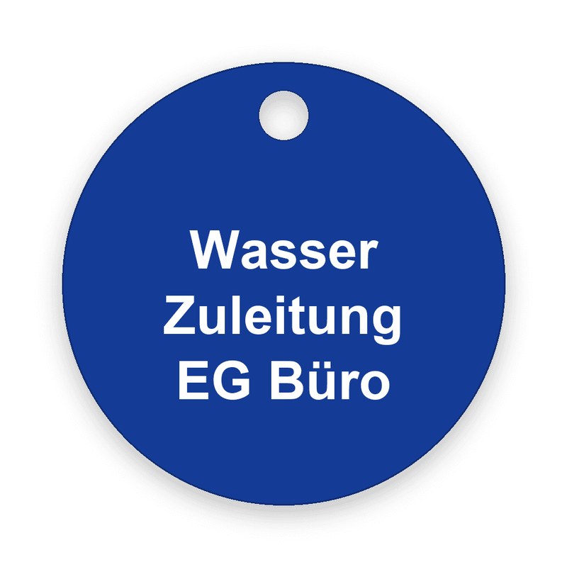 Runde blaue Ventilmarke mit Loch am oberen Rand, weiße Gravur in drei Zeilen mit Wasser, Zuleitung und EG Büro