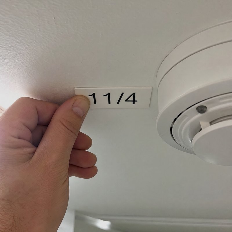 Ein Melderschild wird an der Decke neben einem Rauchmelder angedrückt